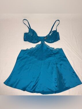 Victoria Secret Teal Satin Lace Babydoll Lingerie Slip Dress L